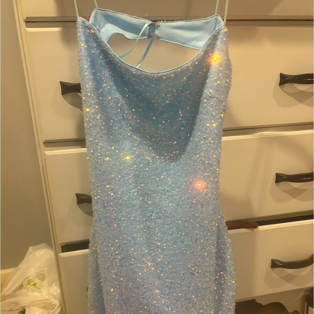 Windsor Light Blue Sparkly Mini Dress Criss Cross back